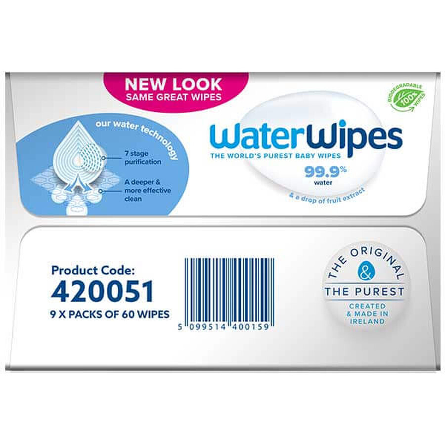 WaterWipes Bio, salviette umidificate, acqua, dalla nascita, 9 x 60 pz.