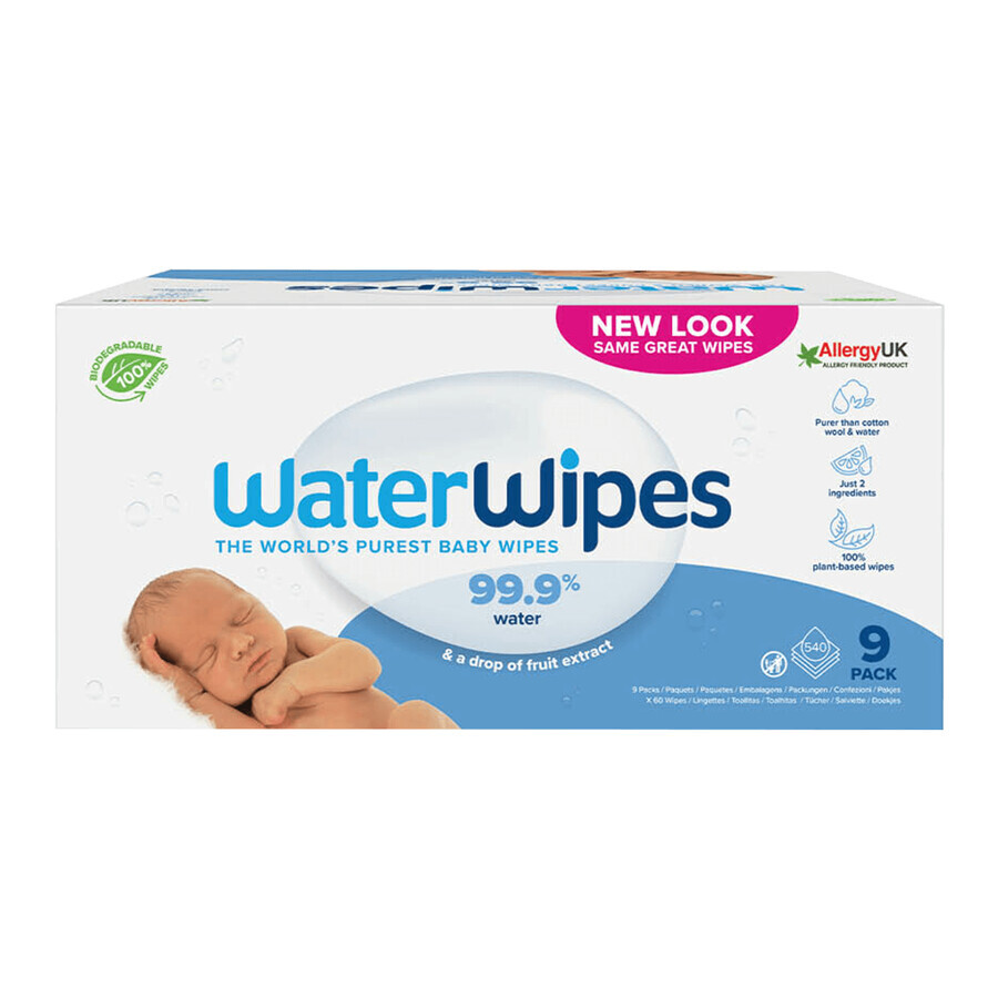 WaterWipes Bio, salviette umidificate, acqua, dalla nascita, 9 x 60 pz.