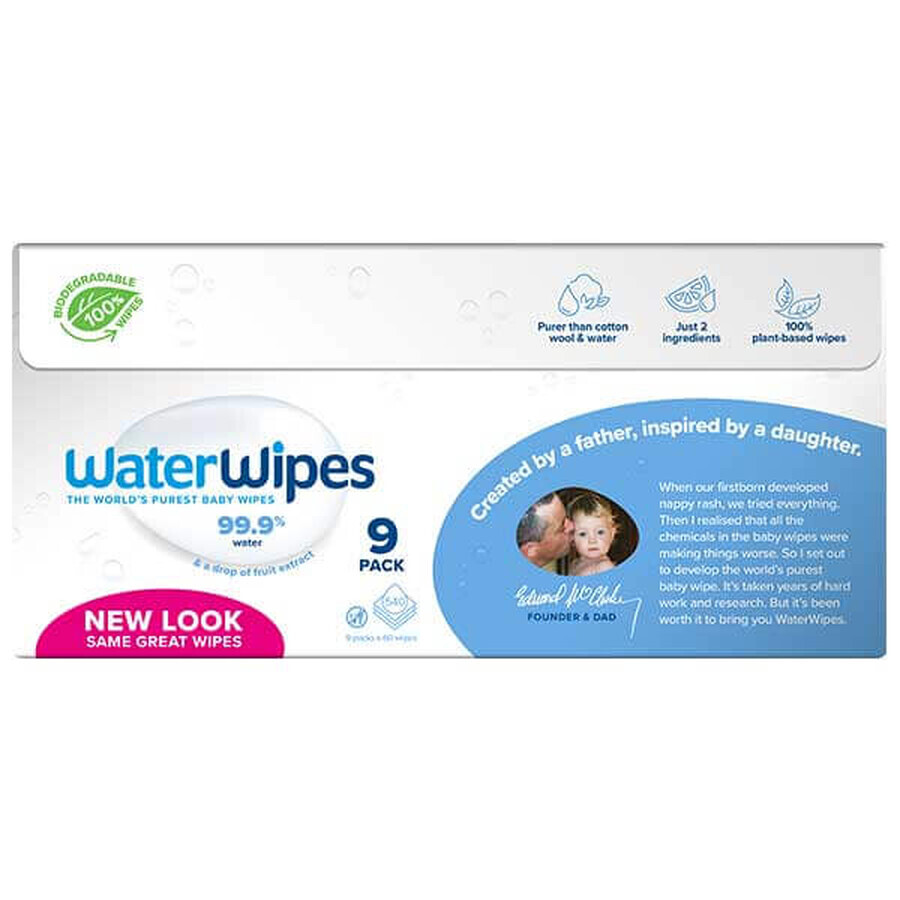 WaterWipes Bio, salviette umidificate, acqua, dalla nascita, 9 x 60 pz.