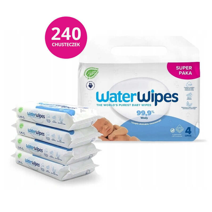 WaterWipes Bio, salviette umidificate, acqua, dalla nascita, 4 x 60 pz.