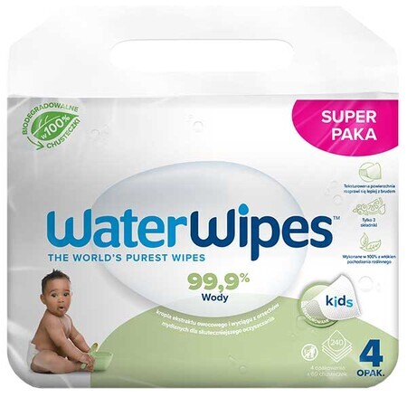 WaterWipes Soapberry Bio, salviette umidificate, acqua con estratto di bacche di sapone, dalla nascita, 4 x 60 pezzi 