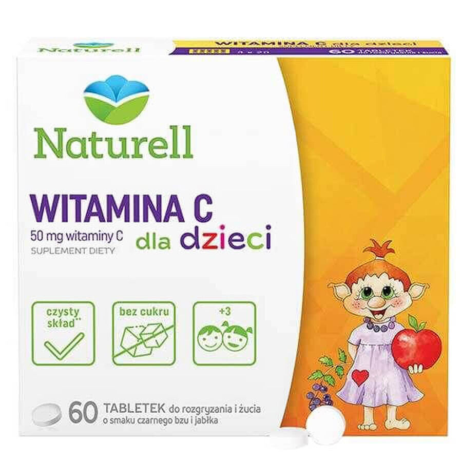 Naturell Vitamina C para Niños 50 mg, sabor saúco y manzana, 60 comprimidos masticables