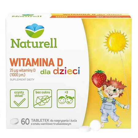 Naturell Vitamin D für Kinder 1000 IU, Vanille- und Erdbeergeschmack, 60 Kautabletten