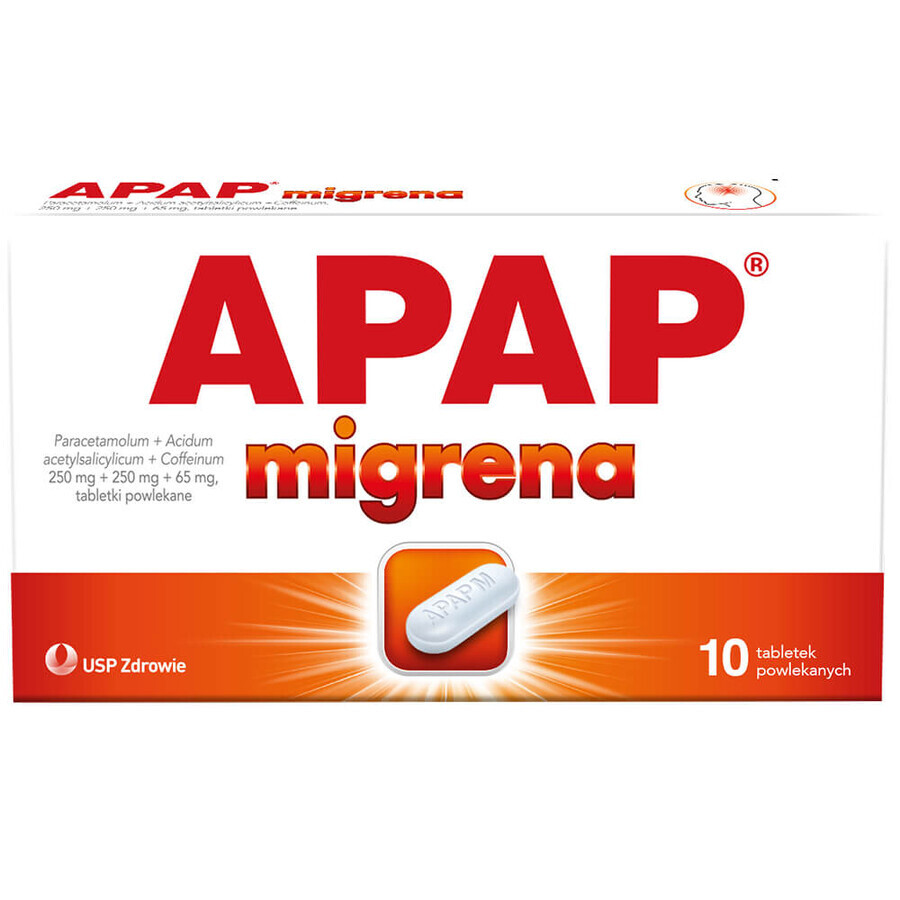 Apap Migraña 250 mg + 250 mg + 65 mg, 10 comprimidos recubiertos con película