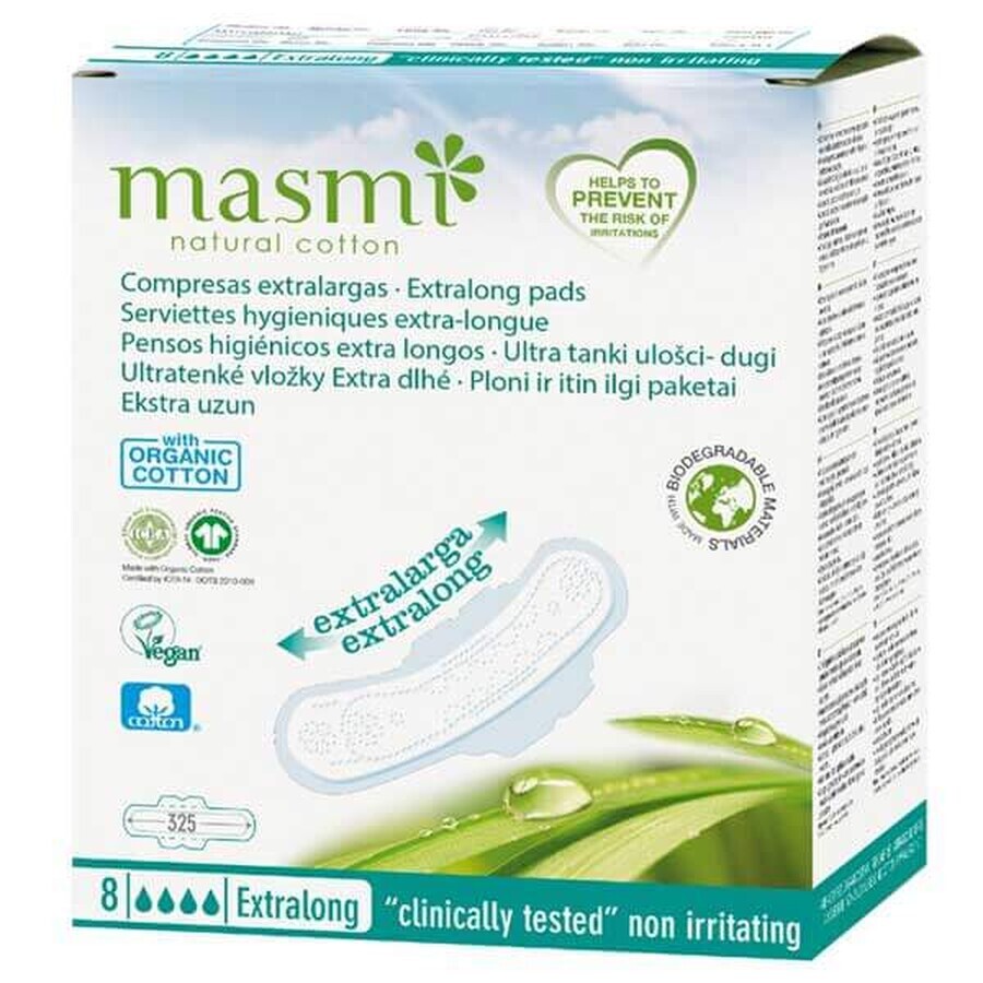 Masmi Natural Cotton, assorbenti igienici in cotone biologico, con lamelle, extra-lunghi e ultra-sottili, Extralong, 8 pezzi