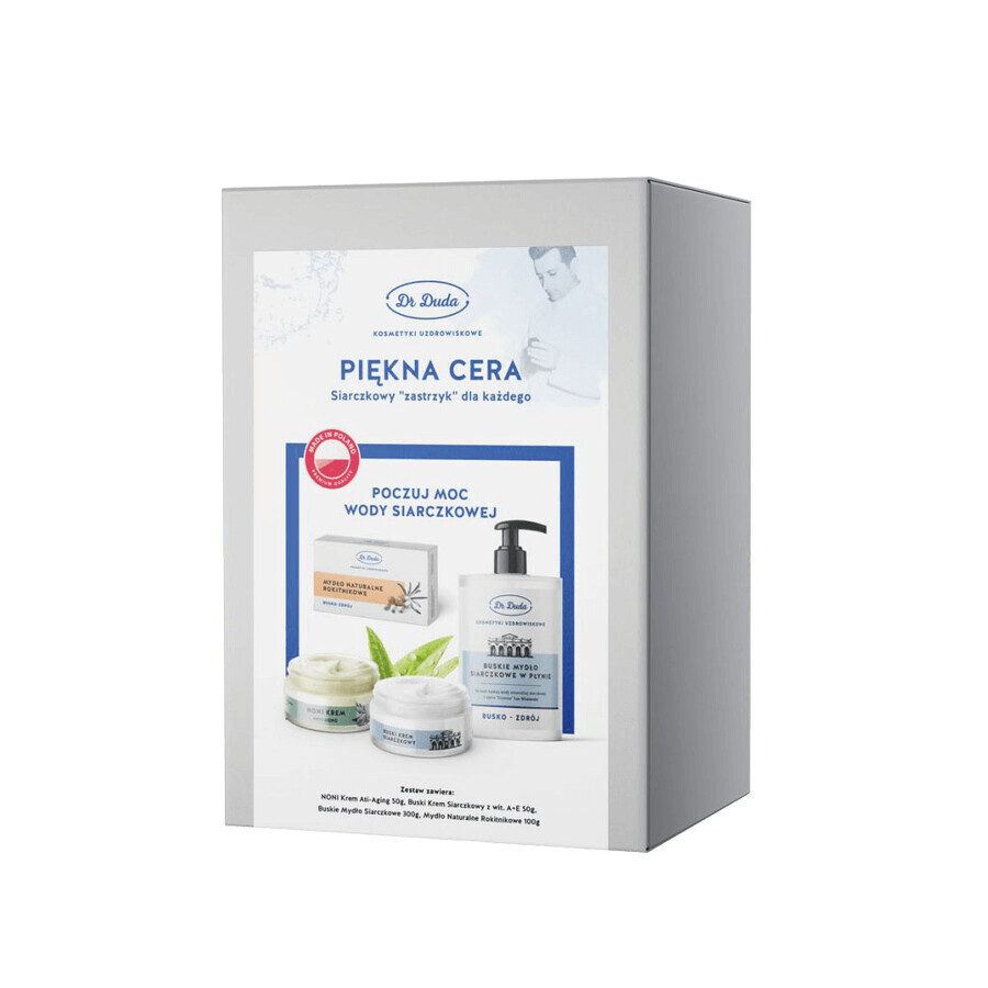 Set Dr Duda Piękna Cera, Noni anti-aging cream, 50 g + busk sulfur cream with vit. A + E, 50 g + busk sulfur soap, 300 g + natural sea buckthorn soap, 100 g