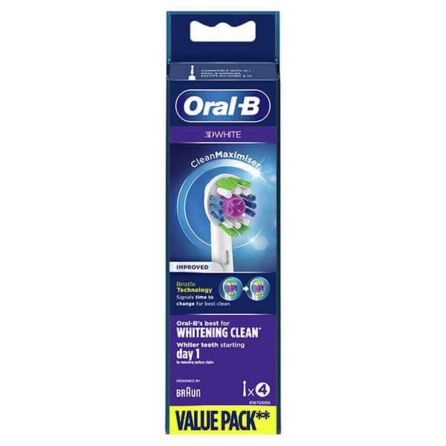 Oral-B 3D White, punte di ricambio per spazzolino elettrico Clean Maximiser, EB4 3DW, 4 pezzi