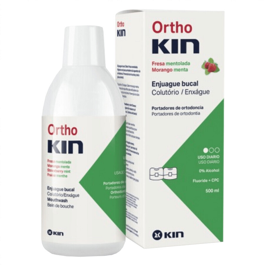 KIN Orthokin, collutorio per persone con apparecchi ortodontici, gusto menta e fragola, 500 ml