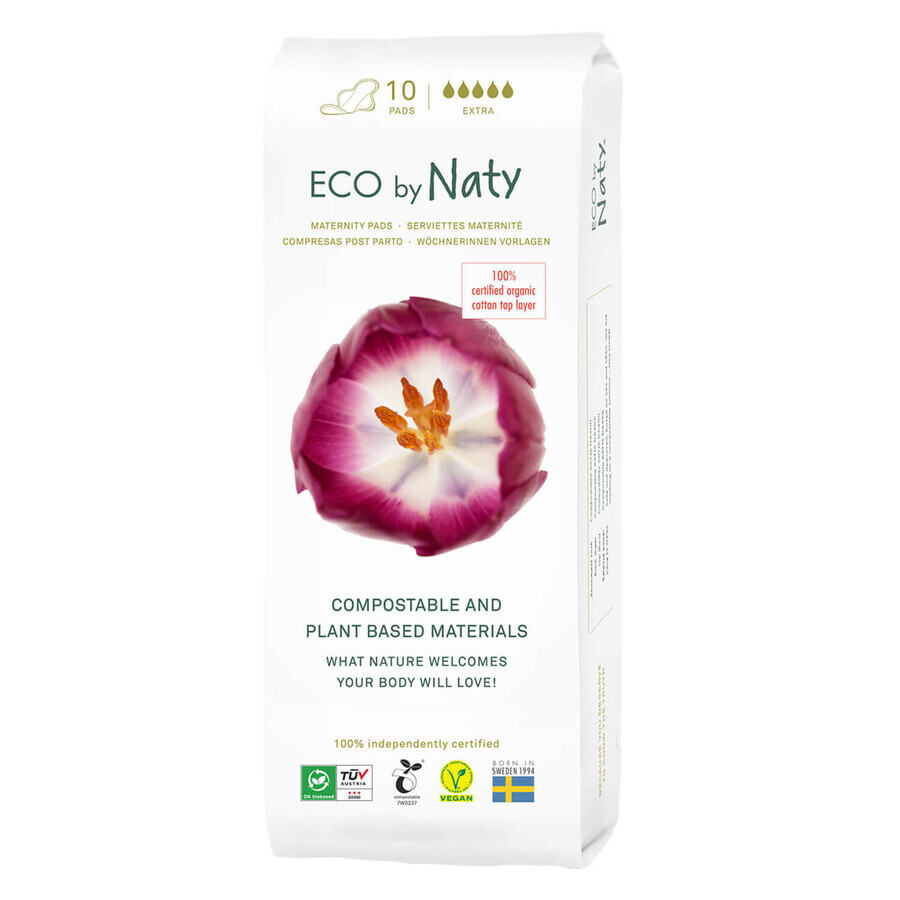 Eco by Naty, assorbenti post parto ecologici, compostabili, Extra, 10 pz.