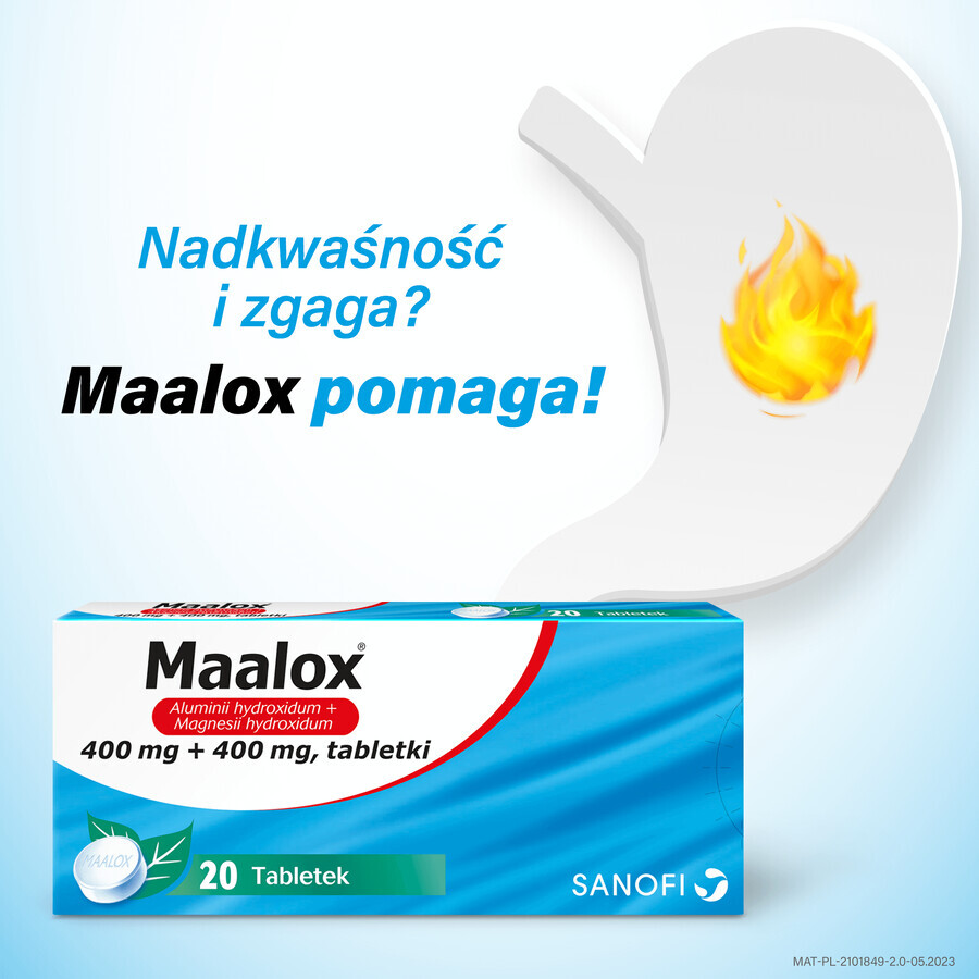 Maalox 400 mg + 400 mg, 20 tablets