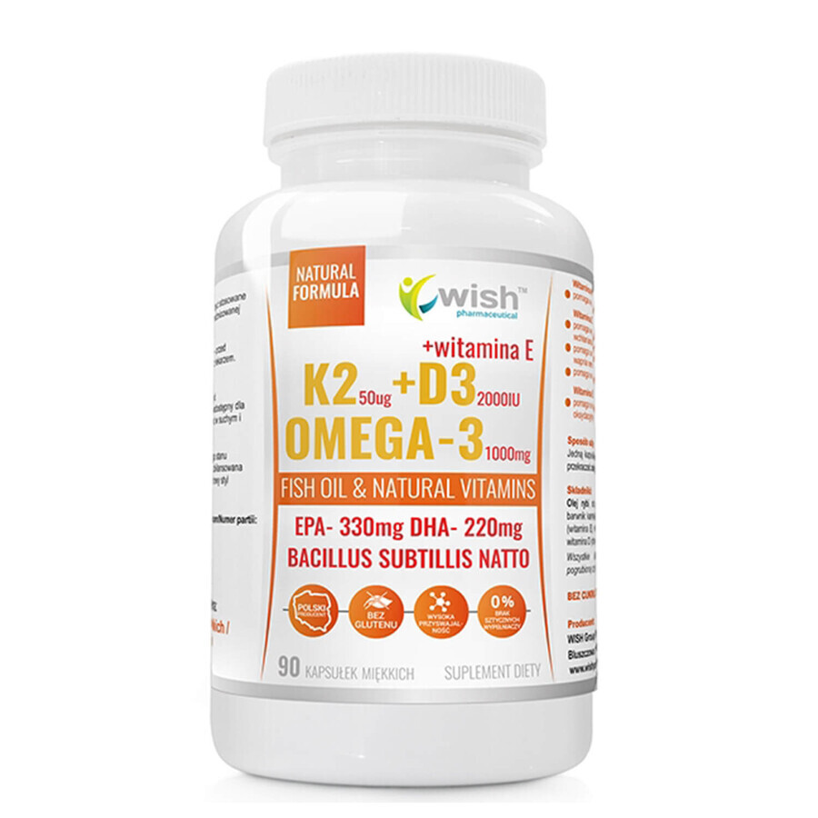 Wish K2 50 µg +D3 2000 UI+ Omega-3 1000 mg + vitamina E, 90 capsule molli