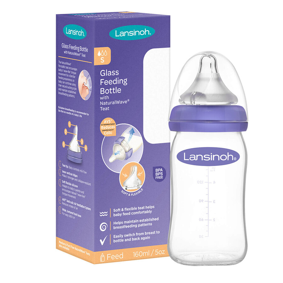 Lansinoh, flacone in vetro con tettarella NaturalWave a flusso lento, 160 ml