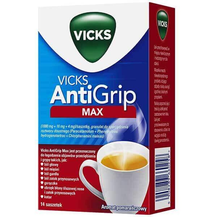 Vicks AntiGrip Max 1000 mg + 16 mg + 4 mg, granuli per soluzione orale, 14 bustine