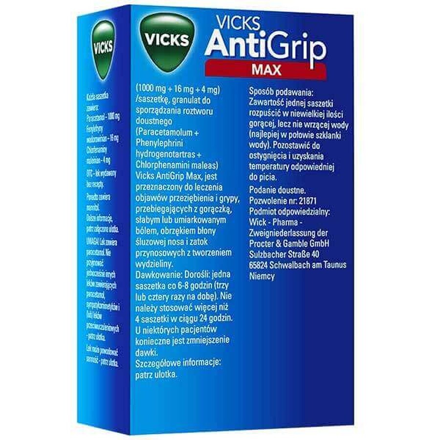 Vicks AntiGrip Max 1000 mg + 16 mg + 4 mg, granuli per soluzione orale, 14 bustine