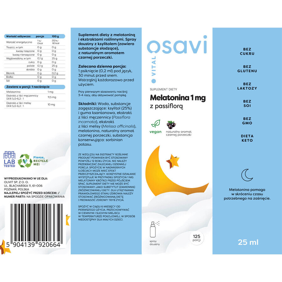 Osavi Vital Melatonin 1 mg con Passiflora, spray orale, gusto ribes nero, 25 ml