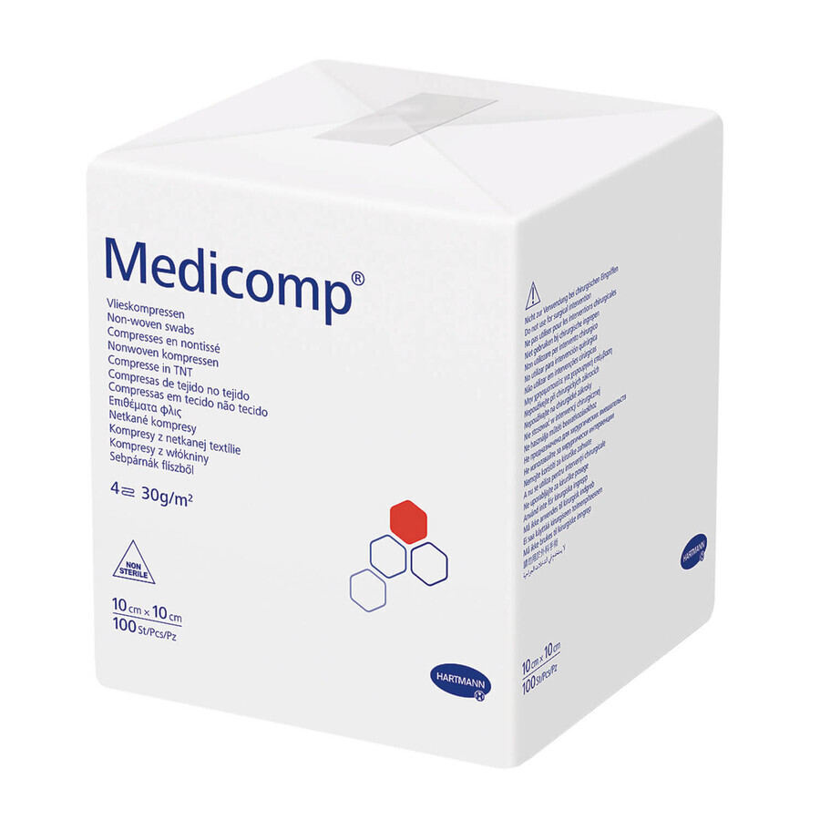 Medicomp, non sterile, compresse in tessuto non tessuto, 4 strati, 30 g/m2, 10 cm x 10 cm, 100 pezzi