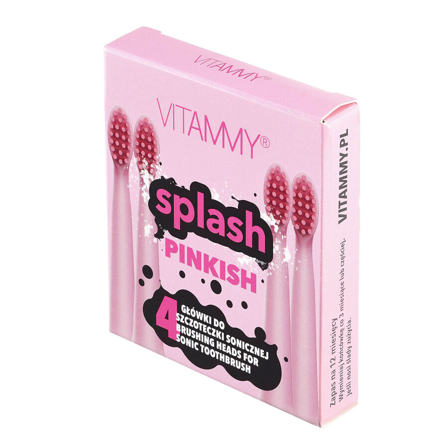 Vitammy Splash, punte per spazzolino sonico per bambini, rosa, da 8 anni, 4 pezzi