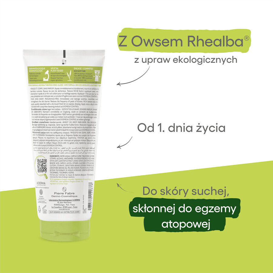 A-Derma Exomega Control, crema emolliente, pelle secca e a tendenza atopica, dal 1° giorno, 200 ml