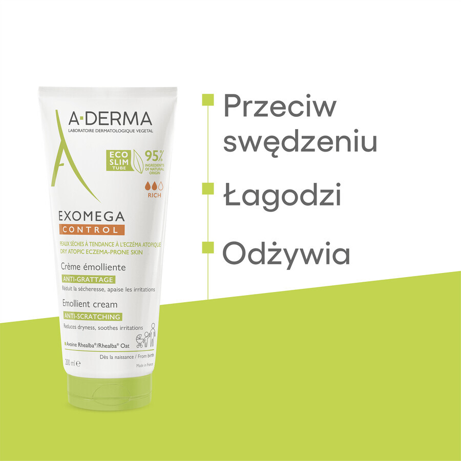 A-Derma Exomega Control, crema emolliente, pelle secca e a tendenza atopica, dal 1° giorno, 200 ml