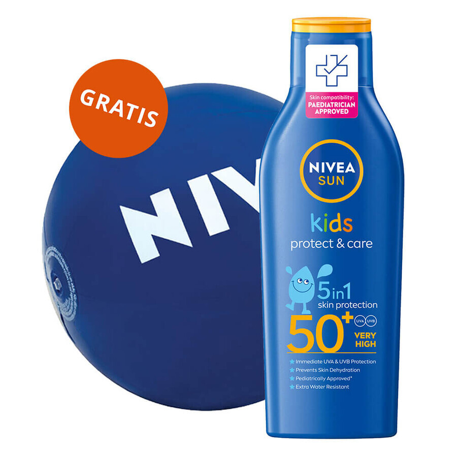 Nivea Sun Kids Protect &amp; Care, lozione solare protettiva per bambini 5in1, SPF 50+, 200 ml + pallone da spiaggia in omaggio, 1 pezzo