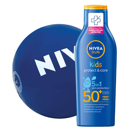 Nivea Sun Kids Protect &amp; Care, lozione solare protettiva per bambini 5in1, SPF 50+, 200 ml + pallone da spiaggia in omaggio, 1 pezzo