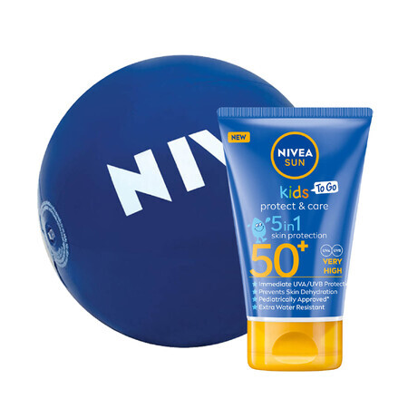 Nivea Sun Kids Protect &amp; Care, lozione solare protettiva 5in1, SPF 50+, 50 ml + pallone da spiaggia in omaggio, 1 pezzo