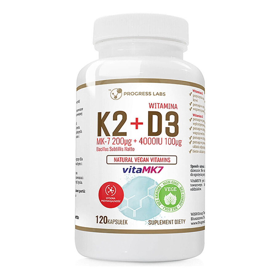 Progress Labs Vitamina K2 MK-7 200 µg + D3 4000 IU 100 µg, 120 capsule vegane