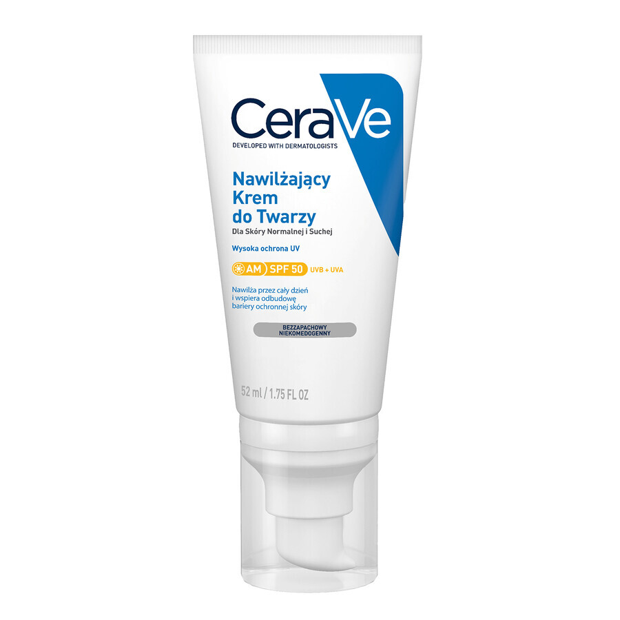 CeraVe, crema viso idratante con ceramidi, pelle normale e secca, SPF 50, 52 ml