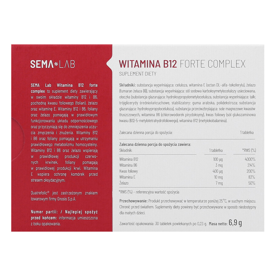 SEMA Lab Vitamina B12 Forte Complex, 30 compresse rivestite con film