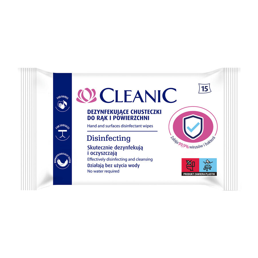 Cleanic, salviette disinfettanti per mani e superfici, 15 pezzi