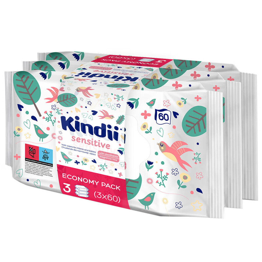 Kindii Sensitive, salviette umidificate per neonati e bambini, 3 x 60 pz.