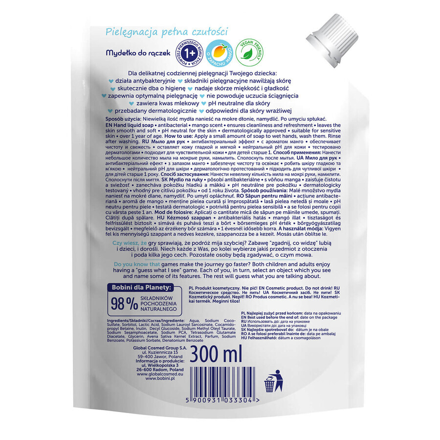 Bobini Kids, jabón de manos para niños, antibacteriano, recambio, 300 ml