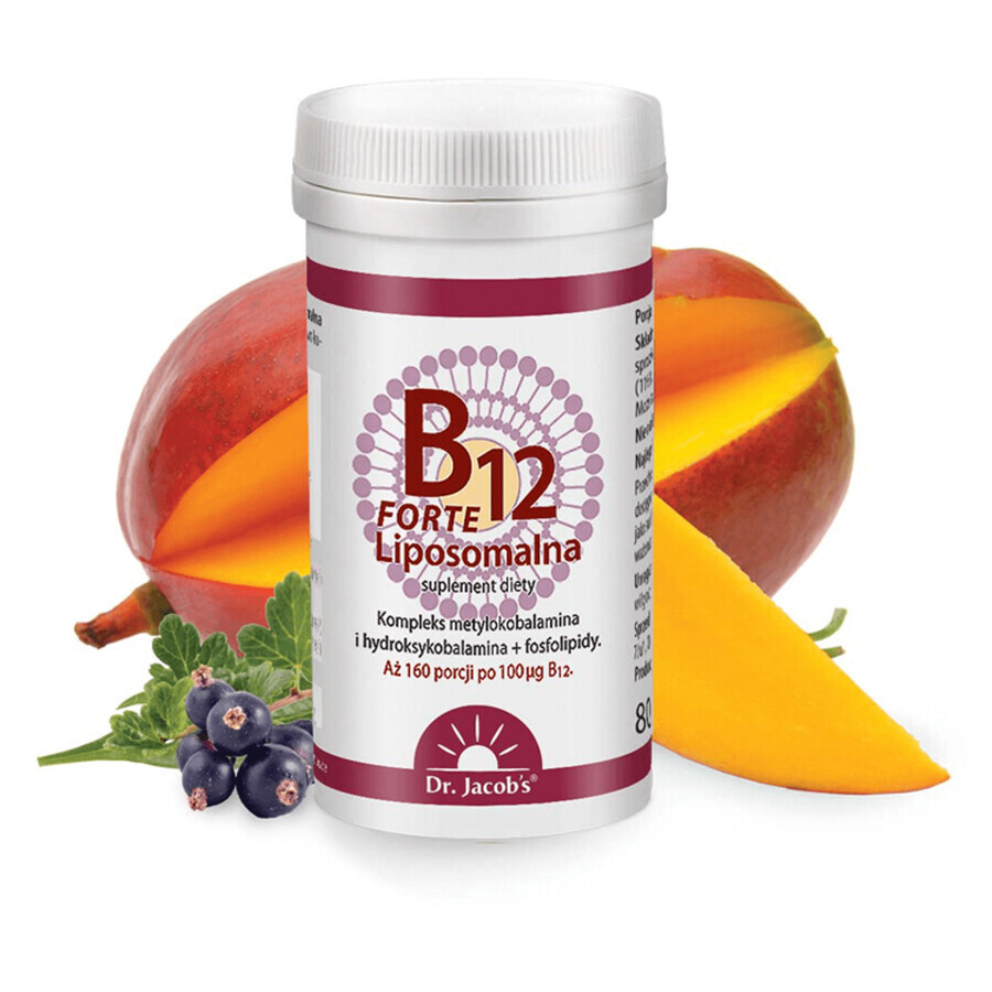 B12 Liposomal Forte del Dr. Jacob, polvere sublinguale, aroma di ribes e mango, 80 g