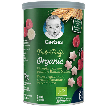 Gerber Organic, patatine di riso e frumento, banana, lampone, da 8 mesi, 35 g