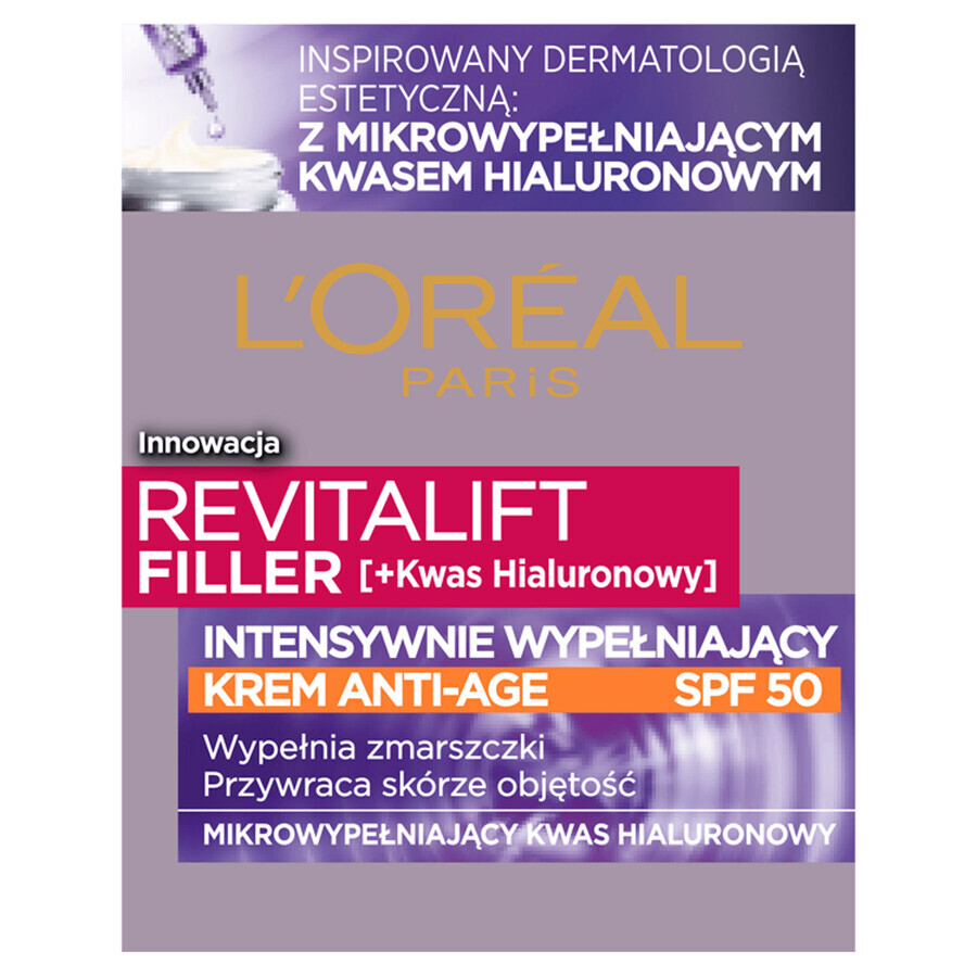 L'Oreal Revitalift Filler, crema viso anti-età intensamente riempitiva, SPF 50, da giorno, 50 ml