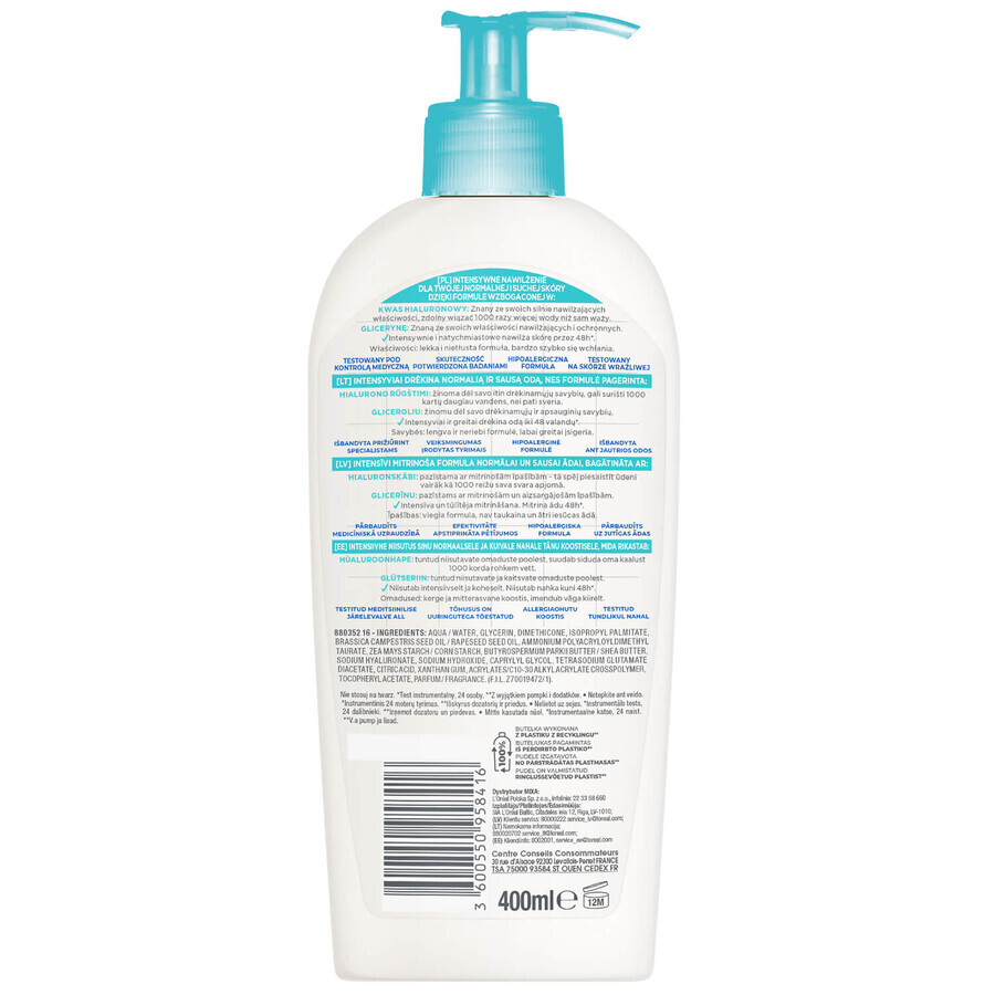 Mixa Hyaluronic Hydrate, lozione per il corpo, pelle normale e secca, 400 ml