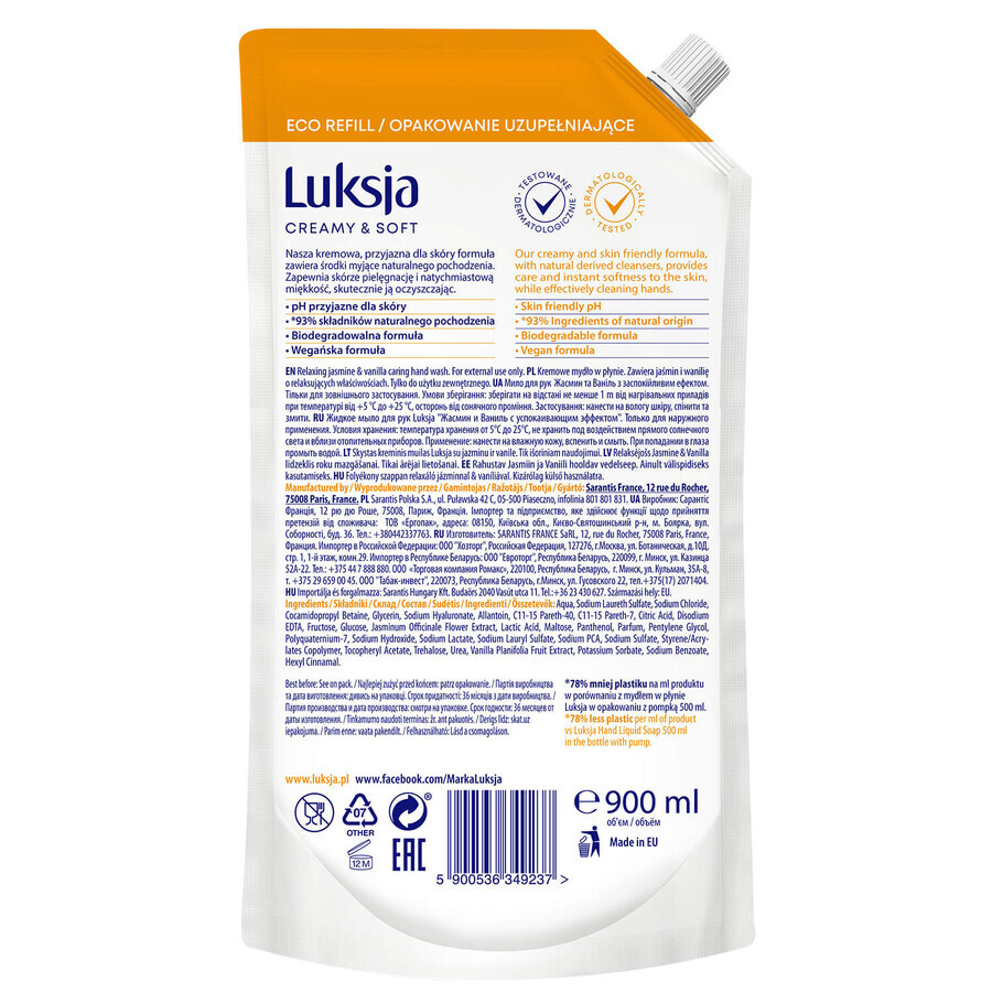 Luxja Creamy &amp; Soft, sapone liquido cremoso, rilassante, gelsomino e vaniglia, scorta, 900 ml