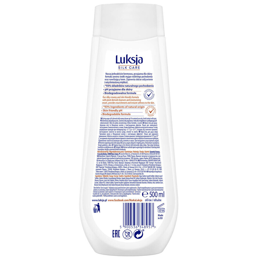 Luxja Silk Care, gel doccia cremoso, cura, olio di argan e latte di mandorla, 500 ml