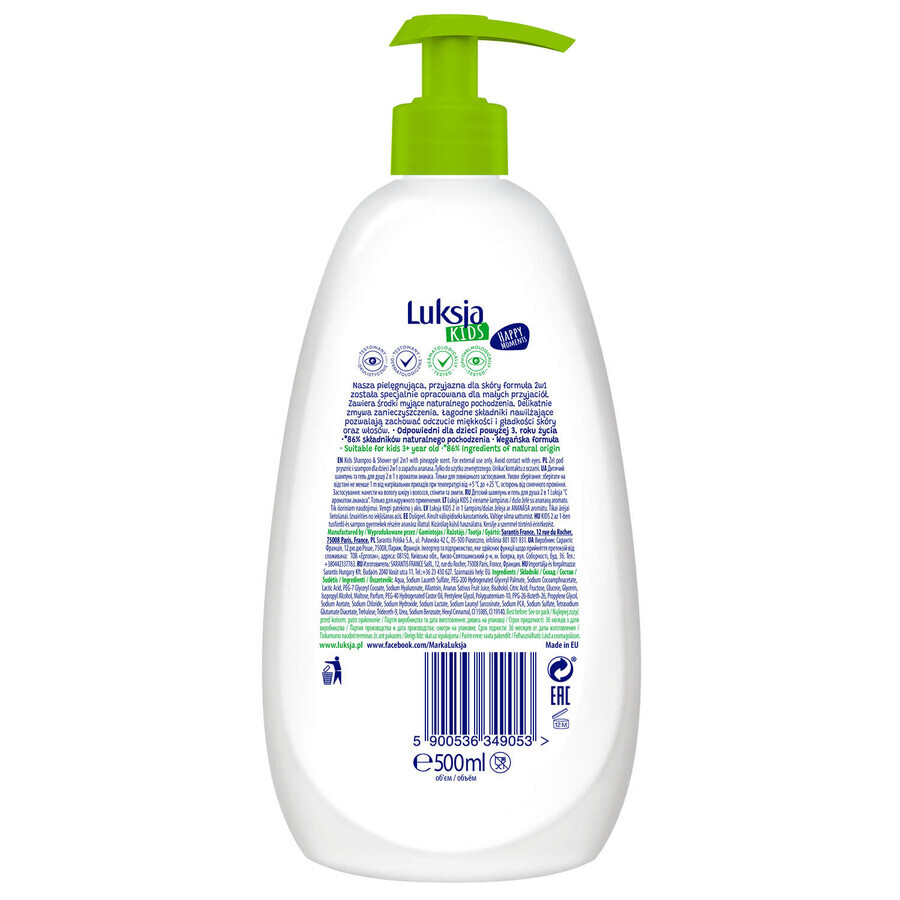 Luxja Kids, gel doccia e shampoo per bambini 2 in 1, ananas, 500 ml