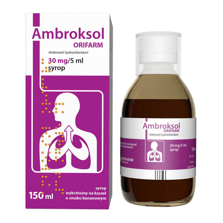 Ambroxol Orifarm 30 mg/5 ml, sciroppo, gusto banana, 150 ml