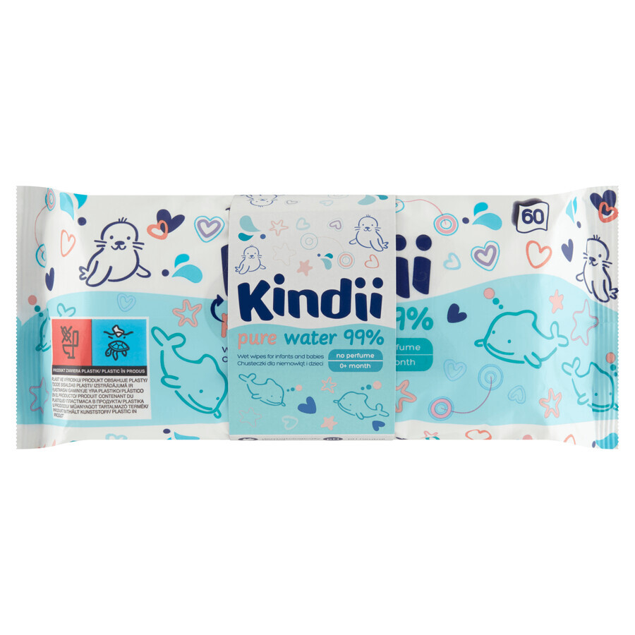 Kindii Pure Water 99%, Feuchttücher für Säuglinge und Kinder, 3 x 60 Stück