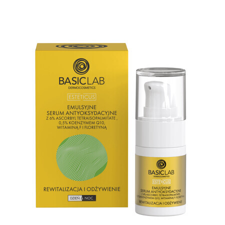 BasicLab Esteticus, emulsione siero antiossidante con vitamina C 6%, rivitalizzazione e nutrimento, 15 ml