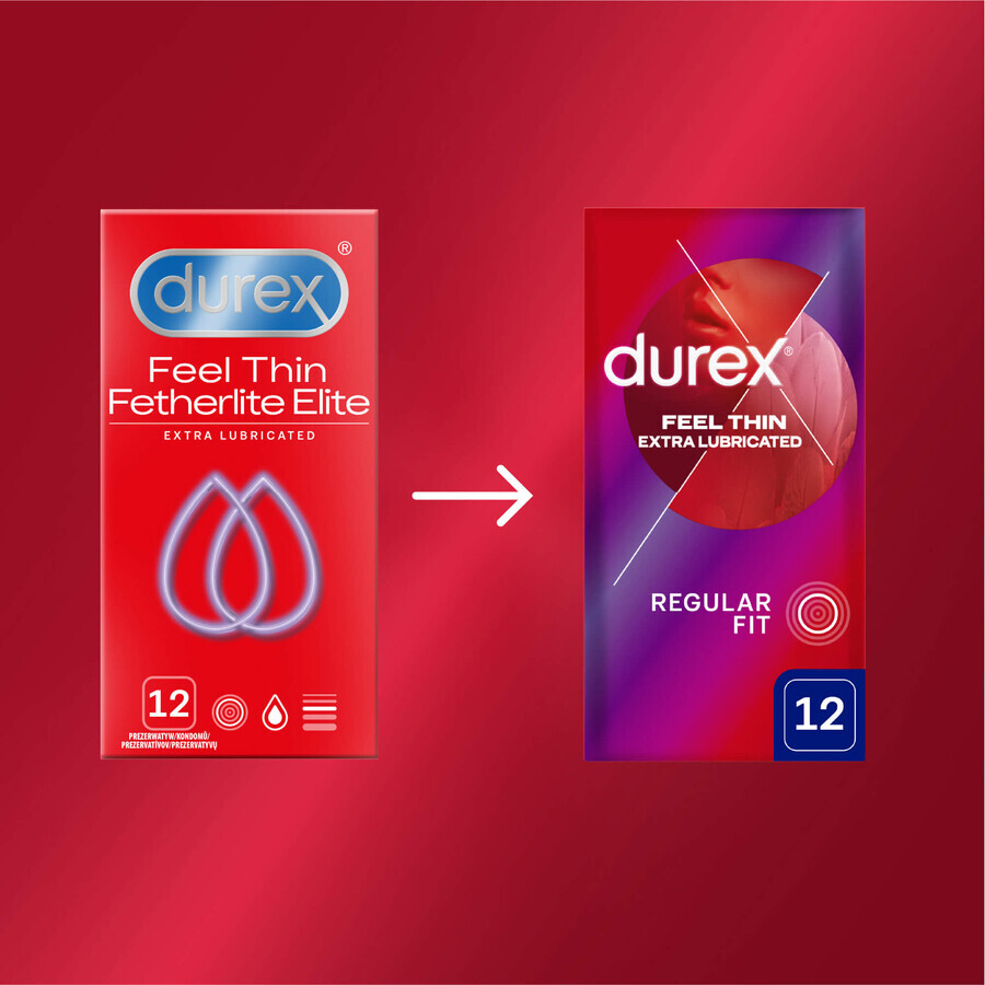 Durex Fetherlite Elite, preservativi con più lubrificante, più sottili, 12 pezzi