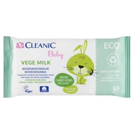 Cleanic Baby Eco Vege Milk, șervețele umede biodegradabile pentru bebeluși și copii, 50 bucăți