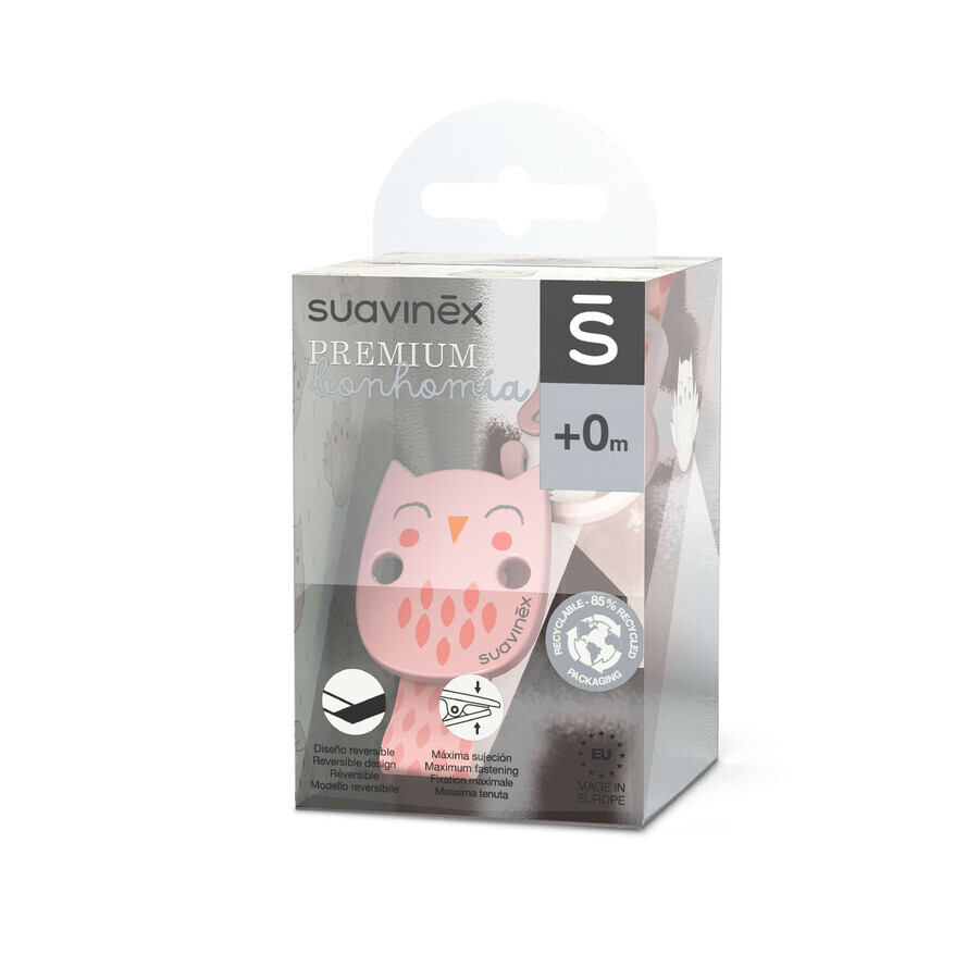 Suavinex Bonhomia Ribbon Pacifier Clip, Owl Pink, From Birth, 1pc