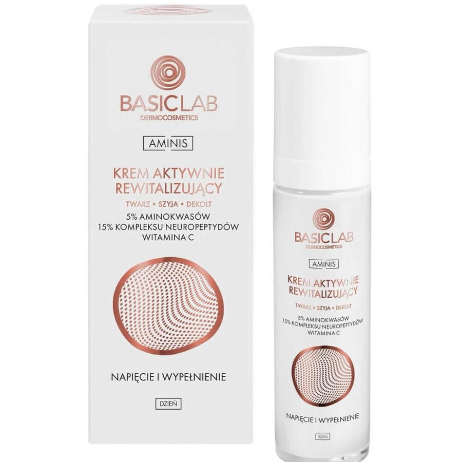 BasicLab Aminis, crema attiva rivitalizzante da giorno per viso, collo e décolleté, con aminoacidi al 5%, tensore e riempitivo, 50 ml