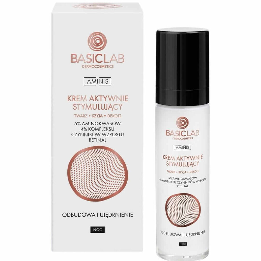 BasicLab Aminis, crema notte attiva stimolante per viso, collo e décolleté, con aminoacidi al 5%, ricostituente e rassodante, 50 ml