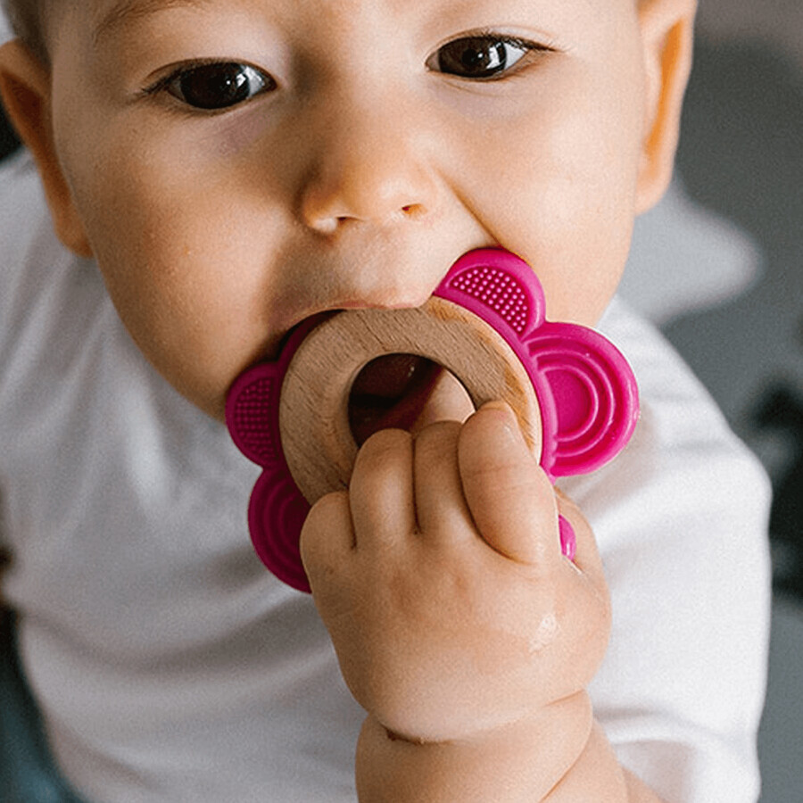 BabyOno, teether din lemn-silicone, fluture, roz