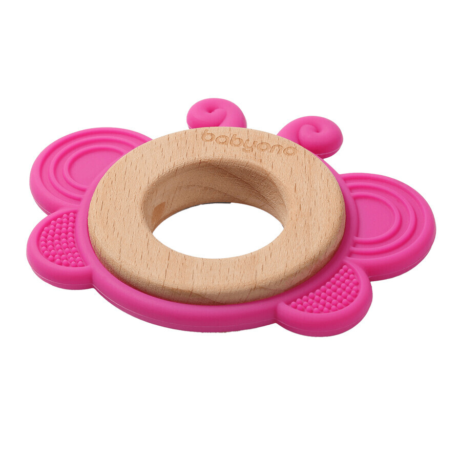 BabyOno, teether din lemn-silicone, fluture, roz