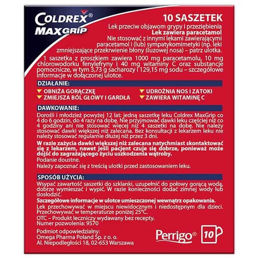 Coldrex MaxGrip 1000 mg + 10 mg + 40 mg, lemon flavor, 10 sachets